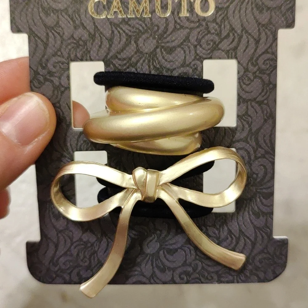 New!Vince Camuto Goldtone Twisted and Bow Hair Ponytail Ties Set Vintage Y2K